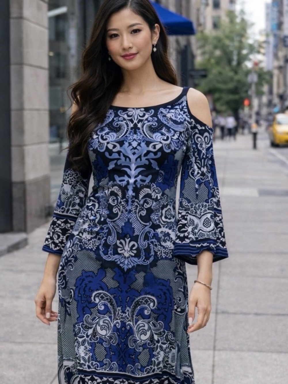 INC International Concepts Blue and Black Baroque Midi Dress